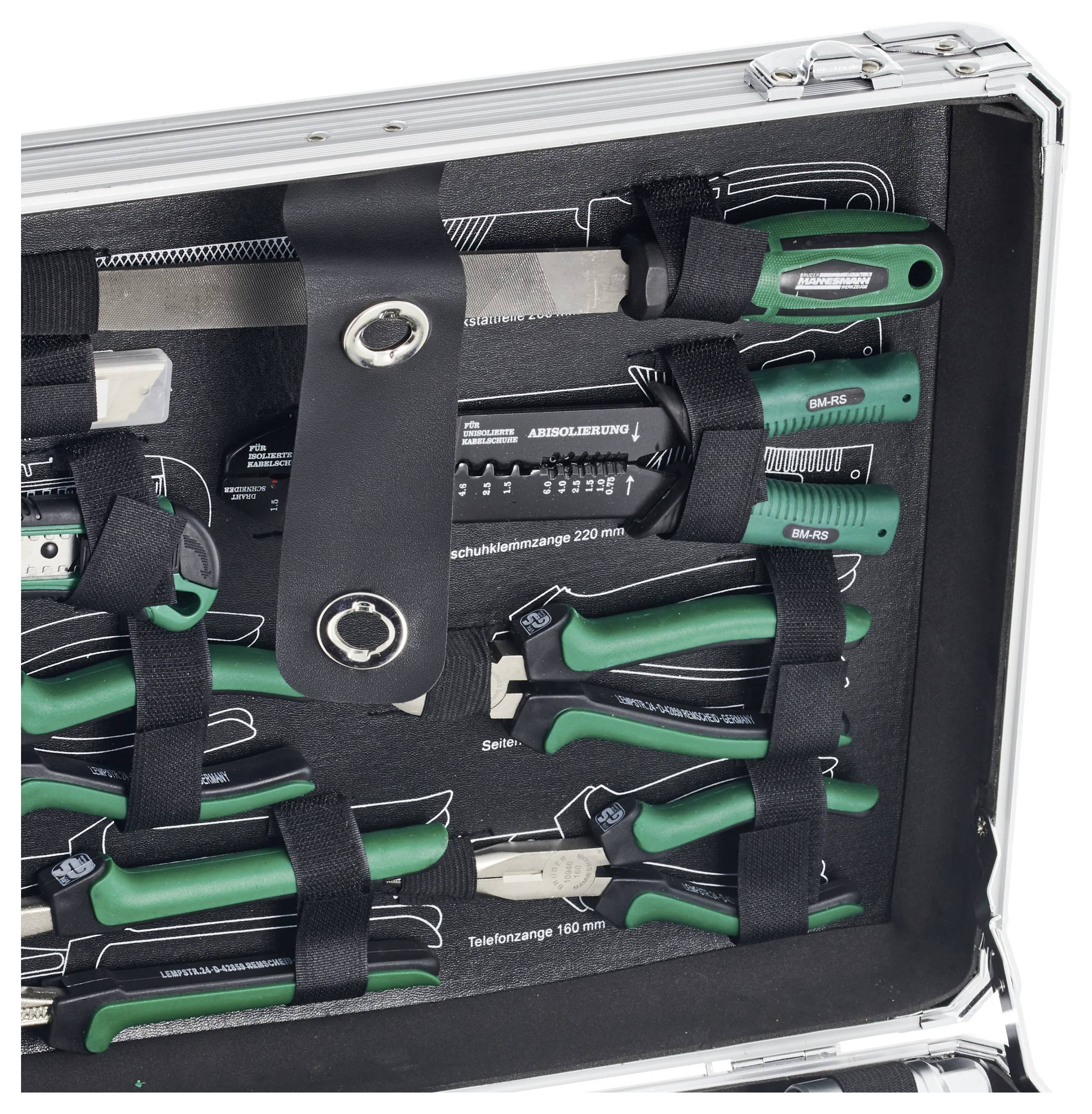 Une trousse à outils contenant divers accessoires à poignées vertes, comprenant des pinces, des tournevis et une lime, soigneusement rangés dans un étui de transport.