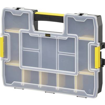 Une boîte à outils transparente avec une poignée noire et des fermetures jaunes. Adaptée au rangement de petites pièces.