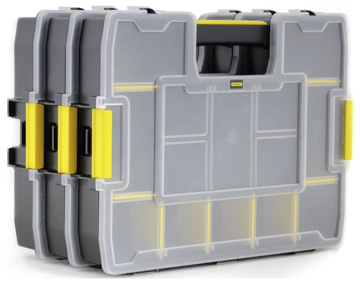 Coffret à outils noir et gris avec trois tiroirs en plastique, des fermoirs jaunes et une poignée de transport.