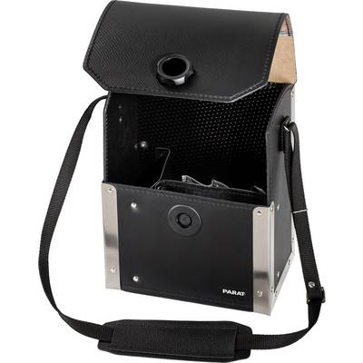 Sac de transport noir en similicuir avec une petite poignée en haut, un couvercle ouvert et des compartiments intérieurs, adapté pour le transport d'outils.