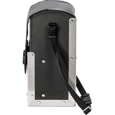 Un sac noir rectangulaire avec un cadre en métal et une bandoulière noire.