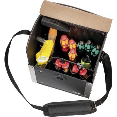 Un sac à outils ouvert contenant divers tournevis, un marteau à tête plate et d'autres outils manuels.