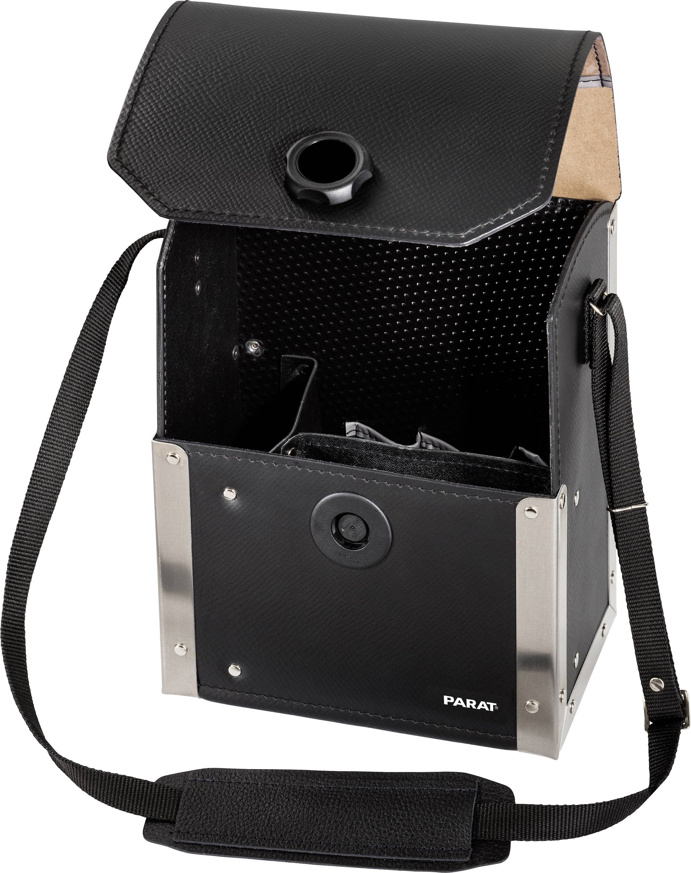 Sac de transport noir en cuir avec bandoulière ; ouvert, doté de plusieurs compartiments intérieurs, adapté pour les outils ou les accessoires.