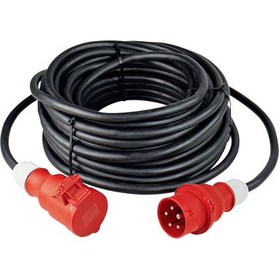 Un long câble électrique noir avec des fiches rouges aux deux extrémités, adapté aux applications industrielles.