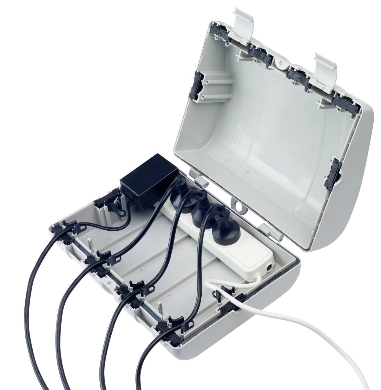 Une boîte de jonction électrique ouverte avec plusieurs câbles connectés, montrant l'organisation du câblage et les composants à l'intérieur d'un boîtier blanc.