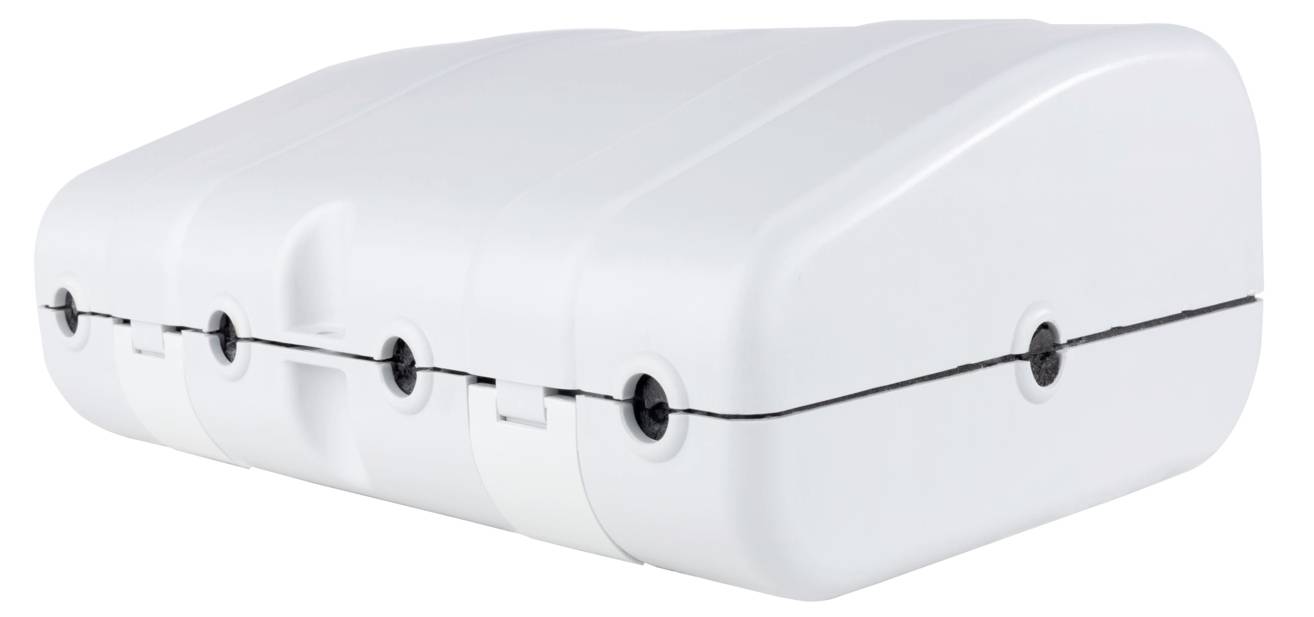 Boîtier en plastique blanc rectangulaire aux bords arrondis, composé de trois compartiments, équipé de connecteurs circulaires noirs le long du côté.