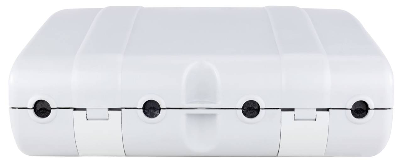 Un étui de protection blanc rigide fermé, avec des charnières noires, conçu pour le rangement ou le transport sécurisé d'objets fragiles.