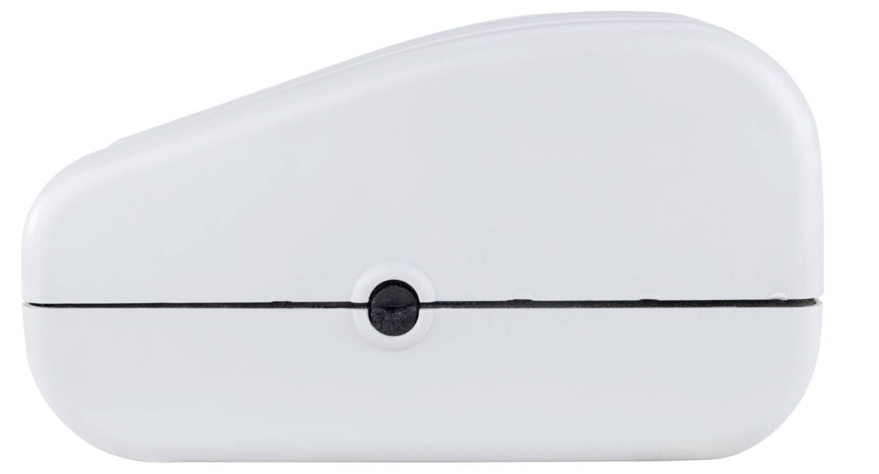 Un appareil électronique blanc, lisse et de forme ovale, avec un bouton noir visible au centre, vu de côté sur un fond uni.