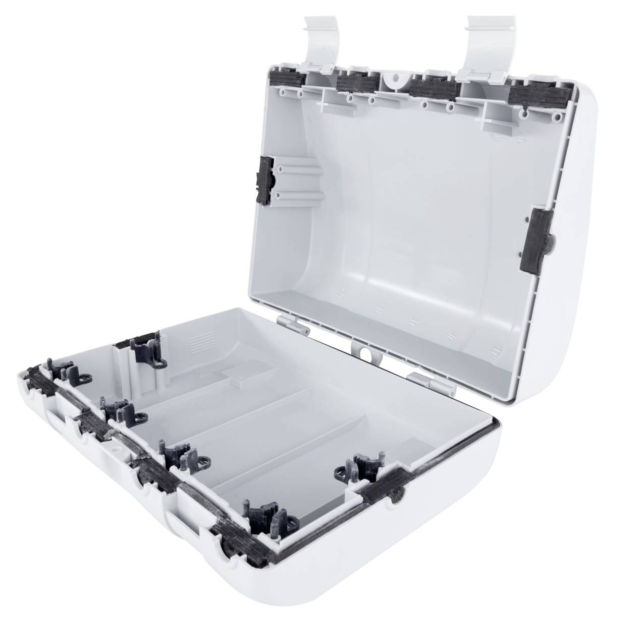 Un étui blanc en plastique transparent, ouvert, avec plusieurs compartiments conçu pour organiser et ranger de petits objets.