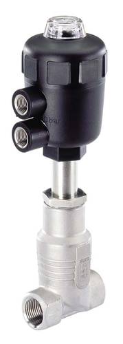 Valve à tête noire avec deux raccordements, montée sur un tube métallique argenté.