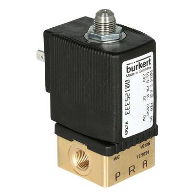 Vanne électromagnétique de Bürkert, boîtier noir et or avec l'inscription « Made in Germany ». Raccordements en haut et sur le côté.