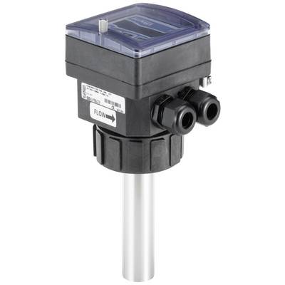 Un capteur de débit numérique avec boîtier en plastique et deux connexions de câble, adapté pour surveiller le flux de liquide.