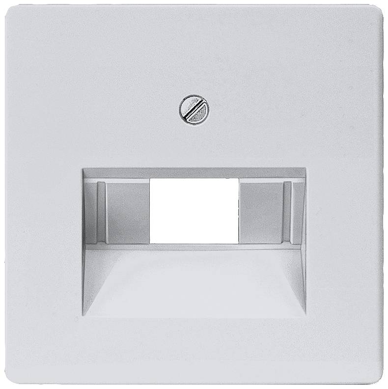 Support mural blanc avec ouverture rectangulaire et vis en haut. Adapté pour le montage de composants réseau ou de commutation.