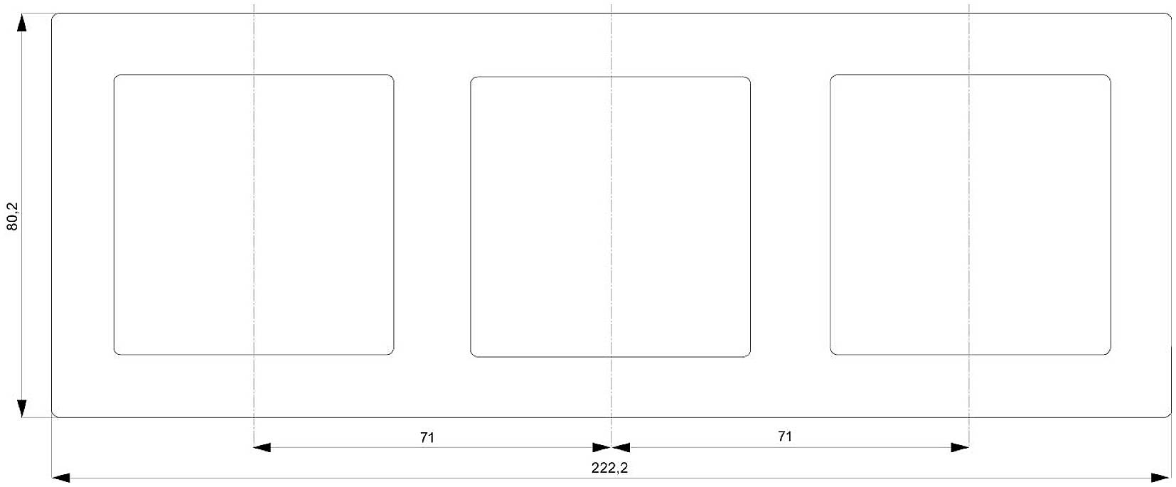 Le diagramme montre un panneau rectangulaire avec trois découpes carrées de taille égale. Dimensions : 222,2 mm de largeur, 80,2 mm de hauteur, espaces de 71 mm.