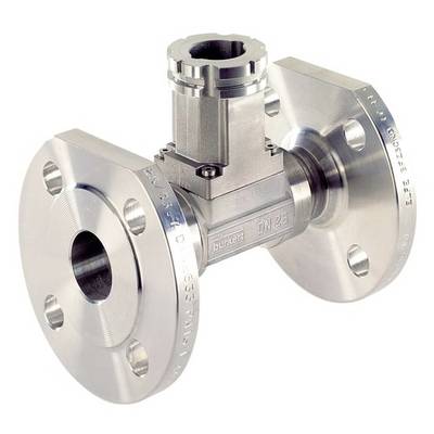 Vanne de conduite en acier inoxydable, connexion à bride, adaptée aux applications industrielles. Marquée avec des spécifications techniques.
