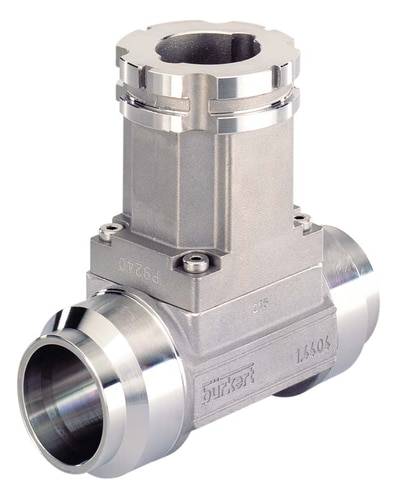 Une soupape en acier inoxydable argenté avec boîtier cylindrique et raccordement latéral. Adaptée aux applications de contrôle précis.