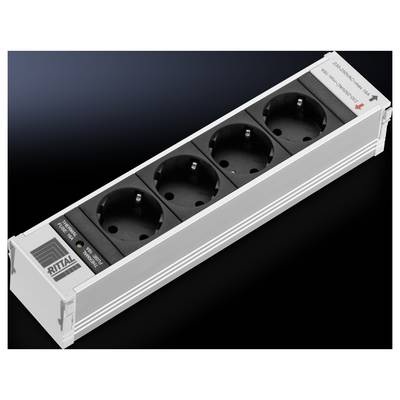 Barrette d'alimentation Rittal avec quatre prises noires dans un boîtier rectangulaire blanc sur un fond noir.
