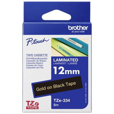 Emballage d'une cassette de ruban laminé Brother P-touch 12mm, TZe-334, or sur bande noire, longueur 8m, convenant pour l'étiquetage.