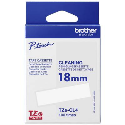 Cassette de nettoyage pour Brother P-touch. Largeur de 18 mm, modèle TZe-CL4, pour 100 utilisations. Emballage en bleu et blanc.