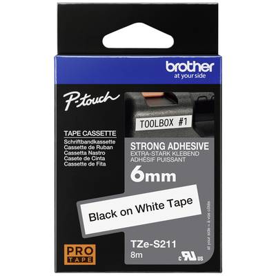 Emballage d'une cassette de ruban Brother P-touch. Contient un ruban à adhésif extra-fort, largeur de 6 mm, Noir sur Blanc, longueur de 8 m.