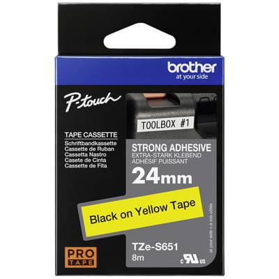 Emballage du produit d'une cassette de ruban Brother P-touch avec ruban très adhésif, largeur de 24 mm, longueur de 8 m, écriture noire sur ruban jaune.