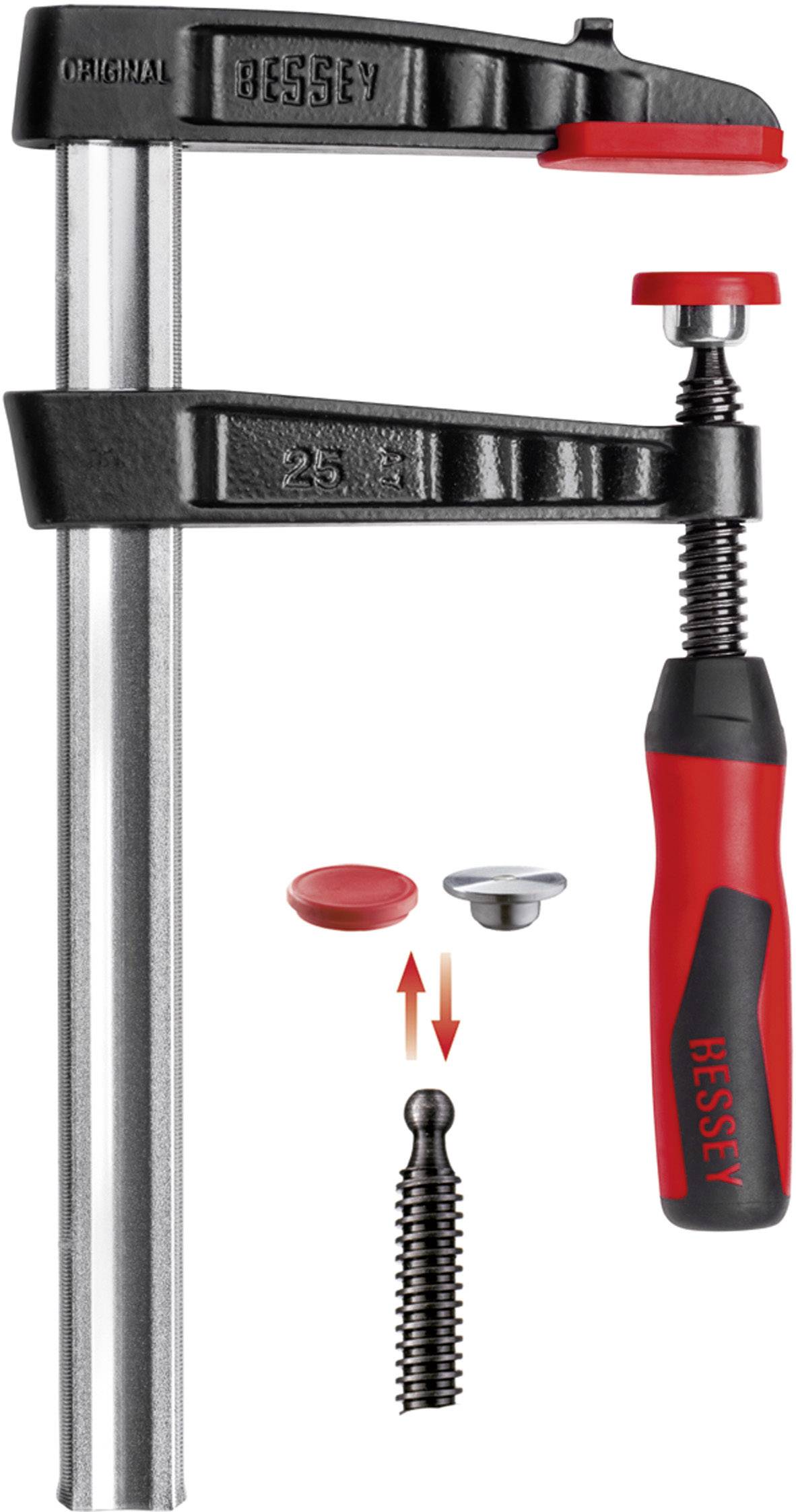 Un serre-joint de la marque Bessey avec une poignée rouge et noire. Des pièces de rechange sont présentées à côté du serre-joint.