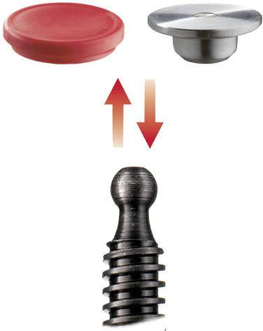 'Un bouton rouge et un support métallique reliés par des flèches à un mécanisme de stylo noir.'