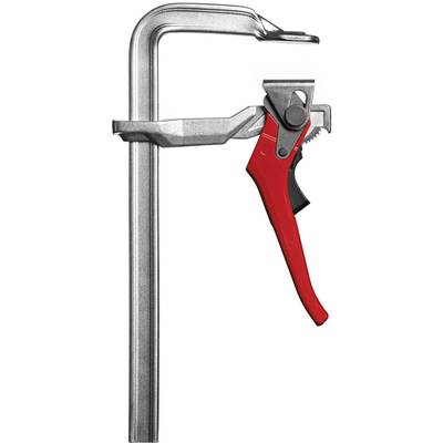Pince-étau en métal avec une poignée ergonomique rouge, adaptée pour maintenir et fixer des matériaux pendant le travail.