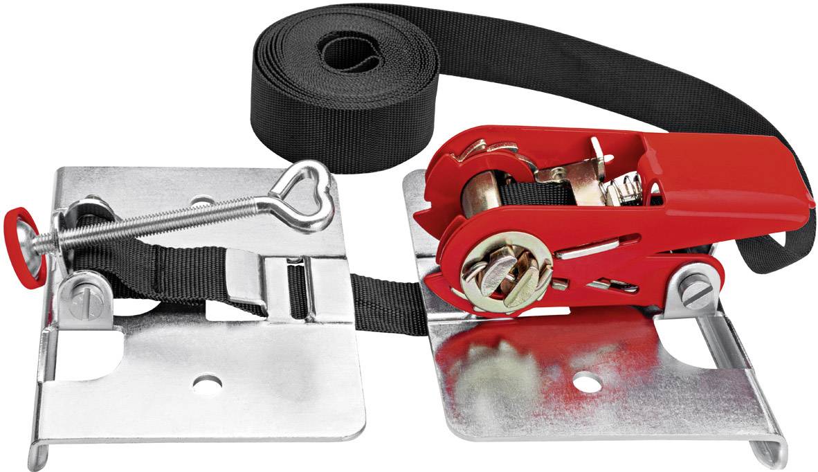 Sangle d'arrimage à cliquet avec un cliquet rouge entre des plaques métalliques. Adapté pour arrimer rapidement et en toute sécurité des objets.