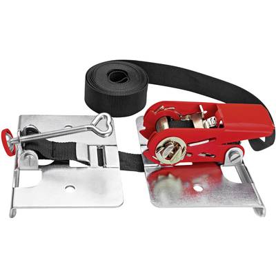 Sangle d'arrimage à cliquet avec un cliquet rouge entre des plaques métalliques. Adapté pour arrimer rapidement et en toute sécurité des objets.