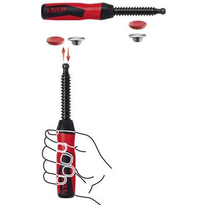 Une perceuse à bouton-poussoir rouge de Bessey avec des embouts interchangeables ; montre une poignée et le montage des embouts.