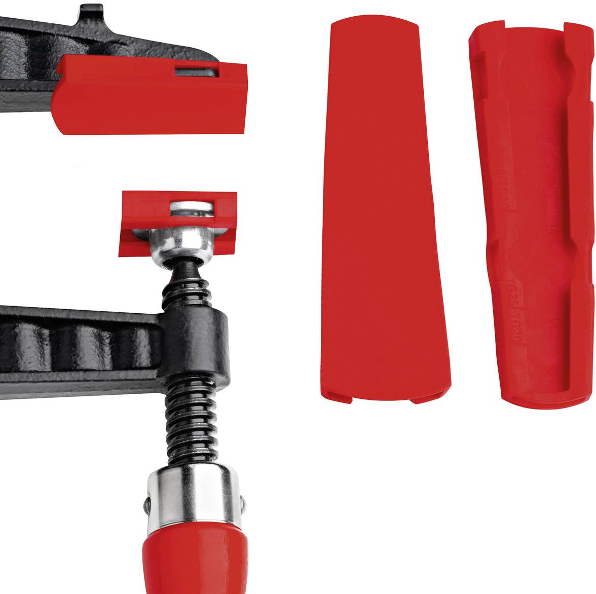 Des capuchons de protection rouges sont représentés, conçus pour être installés sur un étau métallique noir afin de protéger les matériaux.