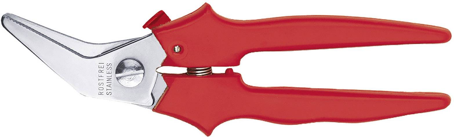Ciseaux rouges avec lame incurvée en acier inoxydable, adaptés pour couper des plantes ou du papier, munis d'un mécanisme de verrouillage à bouton-poussoir.