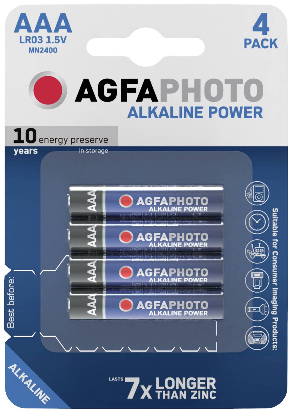 Quatre piles AAA d'AGFAPHOTO, série 'Alkaline Power'. L'emballage souligne la longévité et la conservation de l'énergie pendant 10 ans. Adaptées aux appareils grand public.