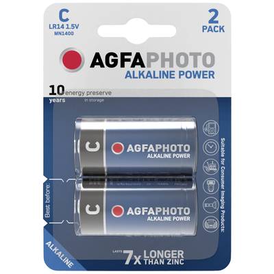 Emballage de deux piles C de la marque 'AGFAPHOTO', Alkaline Power. Contient l'indication : 'Tient 7 fois plus longtemps que le zinc'. Convient aux appareils électroniques grand public.