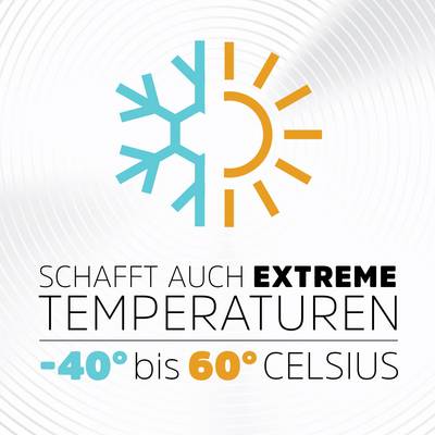Deux demi-cercles : à gauche un flocon de neige, à droite un soleil. Texte en dessous : « Supporte des températures extrêmes de -40° à 60° Celsius ».