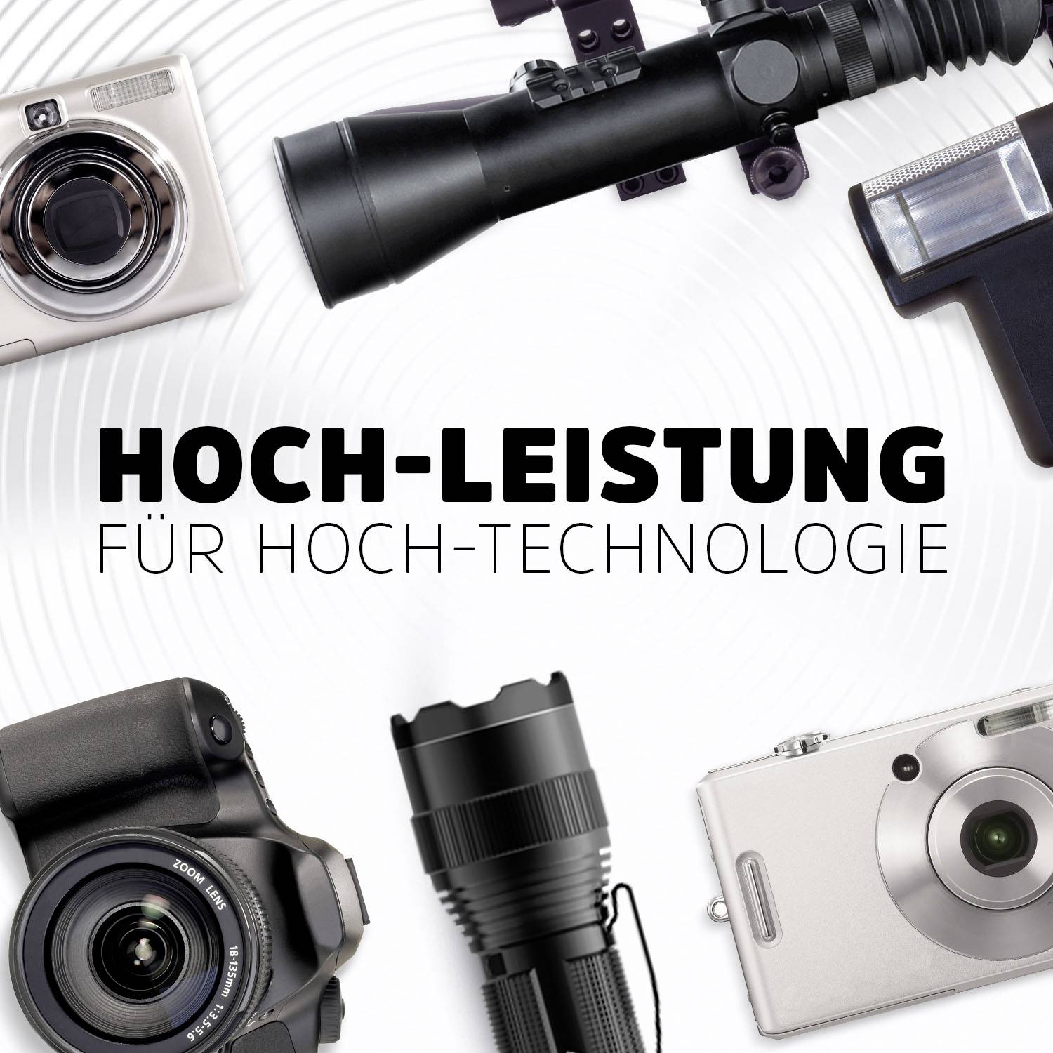 Caméras et objectifs sur fond blanc. Texte au centre : 'Haute Performance pour Haute Technologie'.