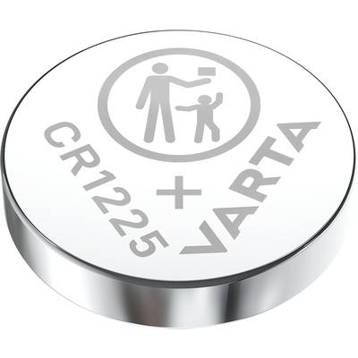 Pile bouton en argent avec l'inscription 'CR1225 VARTA'. Un symbole avertit du danger d'avaler de petites pièces.