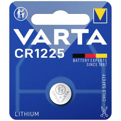 Une pile bouton lithium VARTA CR1225 dans un emballage bleu avec un avertissement de sécurité enfant. Texte : « EXPERTS EN PILES DEPUIS 1887 ».
