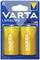 Deux piles alcalines D Varta de couleur jaune en emballage blister avec les inscriptions 'LONGLIFE', 'MADE IN GERMANY'.