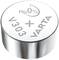Pile bouton argentée de Varta, modèle V303, sans mercure ('Hg 0%') marquée d'un signe plus positif, sur fond blanc.