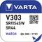 Emballage de pile 'VARTA', Modèle V303, Type SR1154SW et SR44, pour montres-bracelets. Code QR et indication : 'ED : MM - AAAA'.