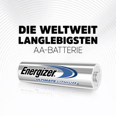Une pile AA de la marque 'Energizer Ultimate Lithium' portant l'inscription 'Les piles AA les plus durables au monde'.