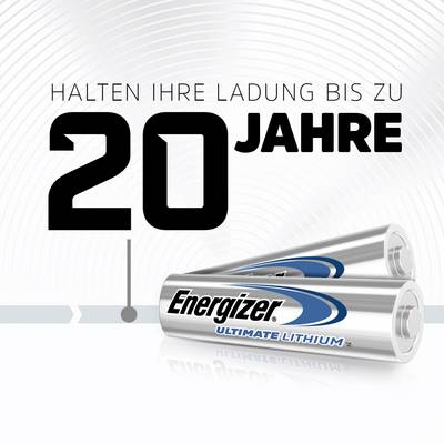 Deux piles Energizer Ultimate Lithium. Texte : Conservent votre charge jusqu'à 20 ans.