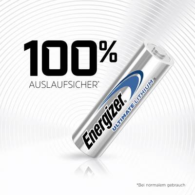 Pile de marque Energizer avec l'inscription 'Ultimate Lithium', à côté le texte '100% sans fuite* en utilisation normale'. Arrière-plan avec des motifs circulaires.