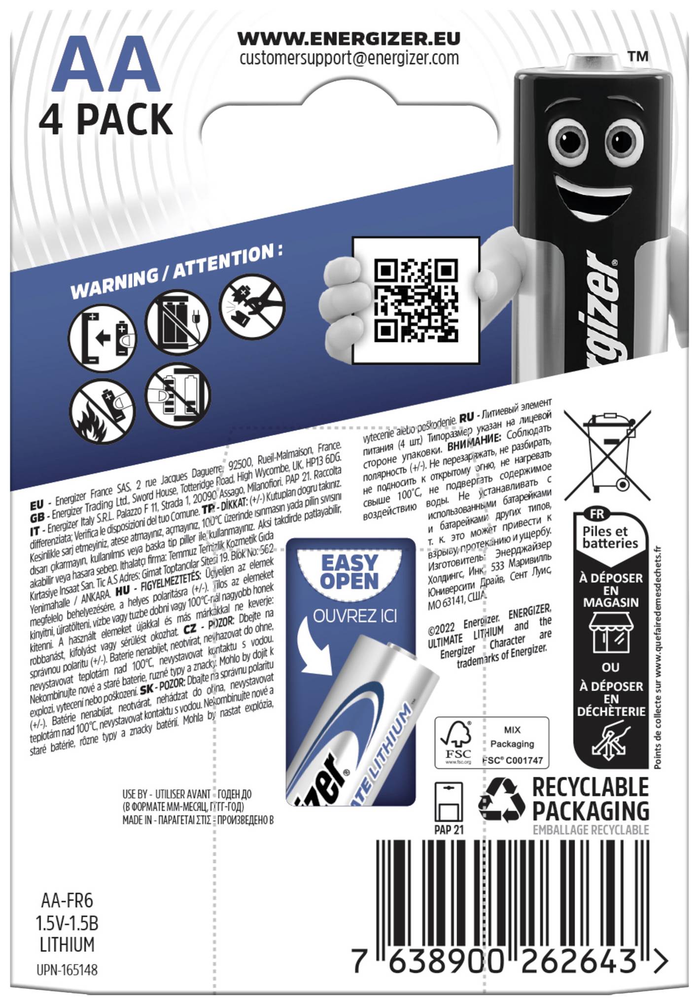 'Piles AA, pack de 4. Contient des avertissements et un code QR pour plus d'informations. Facile à ouvrir, emballage recyclable.'