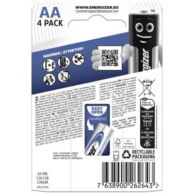 'Piles AA, pack de 4. Contient des avertissements et un code QR pour plus d'informations. Facile à ouvrir, emballage recyclable.'