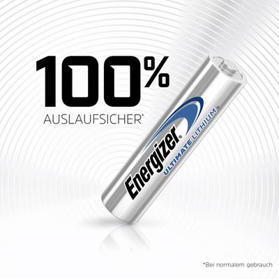 Une pile argentée portant l'inscription 'Energizer Ultimate Lithium' est posée en diagonale sur une surface blanche. Texte : '100% sans fuite'.