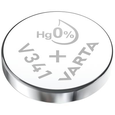 Pile bouton en argent avec inscription : « Hg 0% », « Varta », « V341 », signe plus. Type de pile pour appareils électroniques.