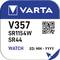 'Emballage de pile VARTA : Type V357 SR1154W SR44, pour montres. Contient un code QR. Date d'expiration : DE : MM - AAAA.'